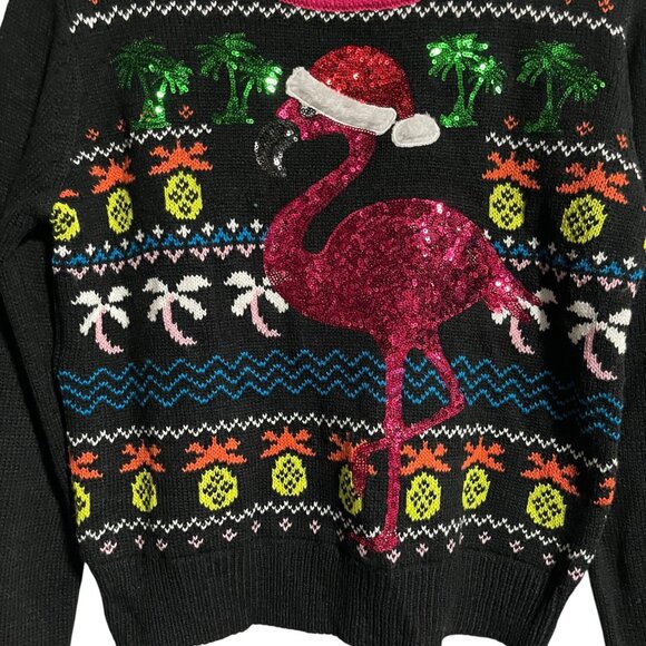 Merry Christmas By Poof  Flamingo Festive Sweater Women S Black With Pink Trim - Picture 2 of 8